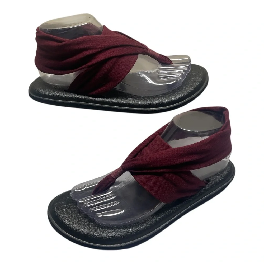 Sanuk Maroon Dark Red Fabric Yoga Mat Thong Sling Back Sandal size Womens 8